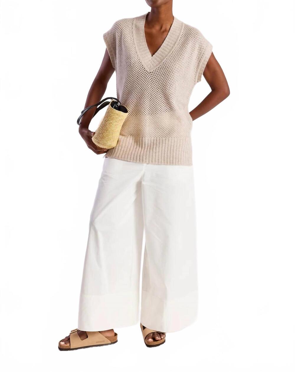NEW BRODIE CASHMERE pointelle relaxed v-neckline top in wheat